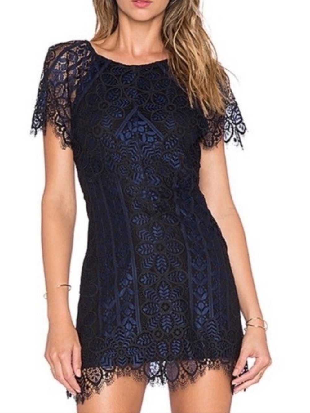 For Love and Lemons Lyla Eyelash Lace Open Back Mini Dress Blue Black Large